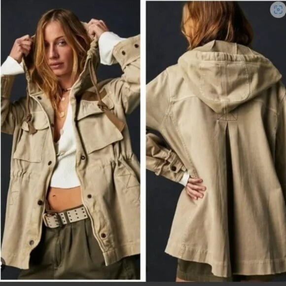 FREE PEOPLE Trapeze Military Jacket Hooded Pockets Distressed Size MEDIUM - Picture 1 of 10
